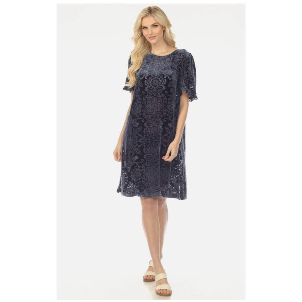 JOHNNY WAS Jade Sz M Medium Odella Alixa Mini Dress Navy Blue Velvet Burnout NWT